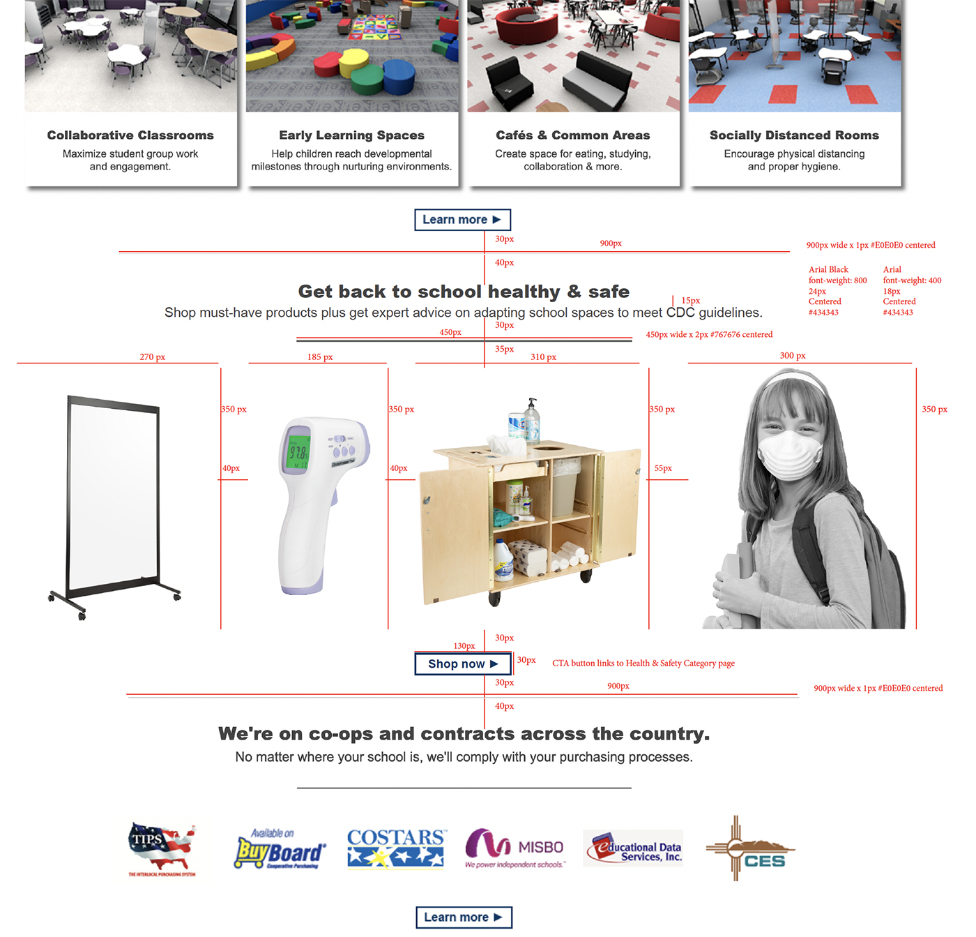 HS-homepage_redlines A screenshot of the Health & Safety page's redlines--a visual annotation guide created by designers and used by web developers