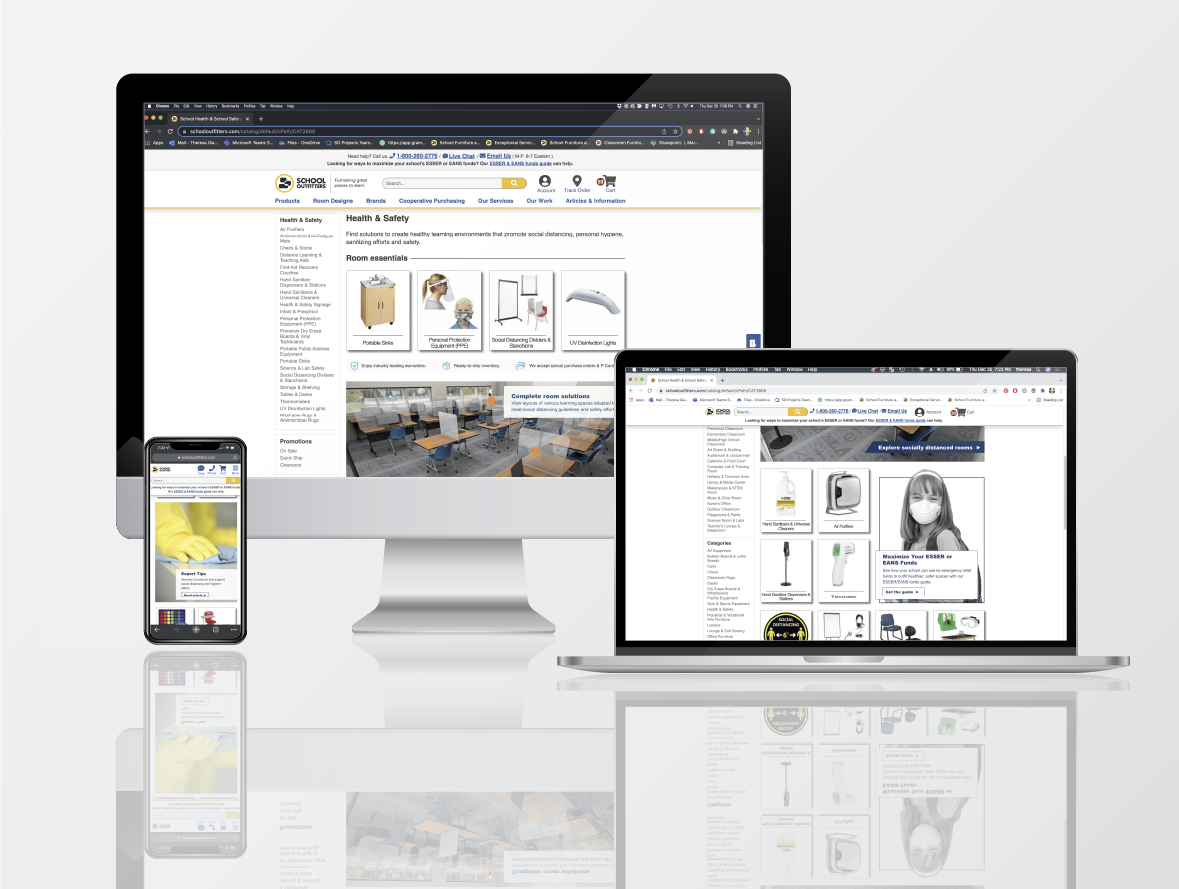 HealthSafetyCategory An image of the Product Detail page and Family pages and their responsive layout shown on desktop, laptop, and mobile device.