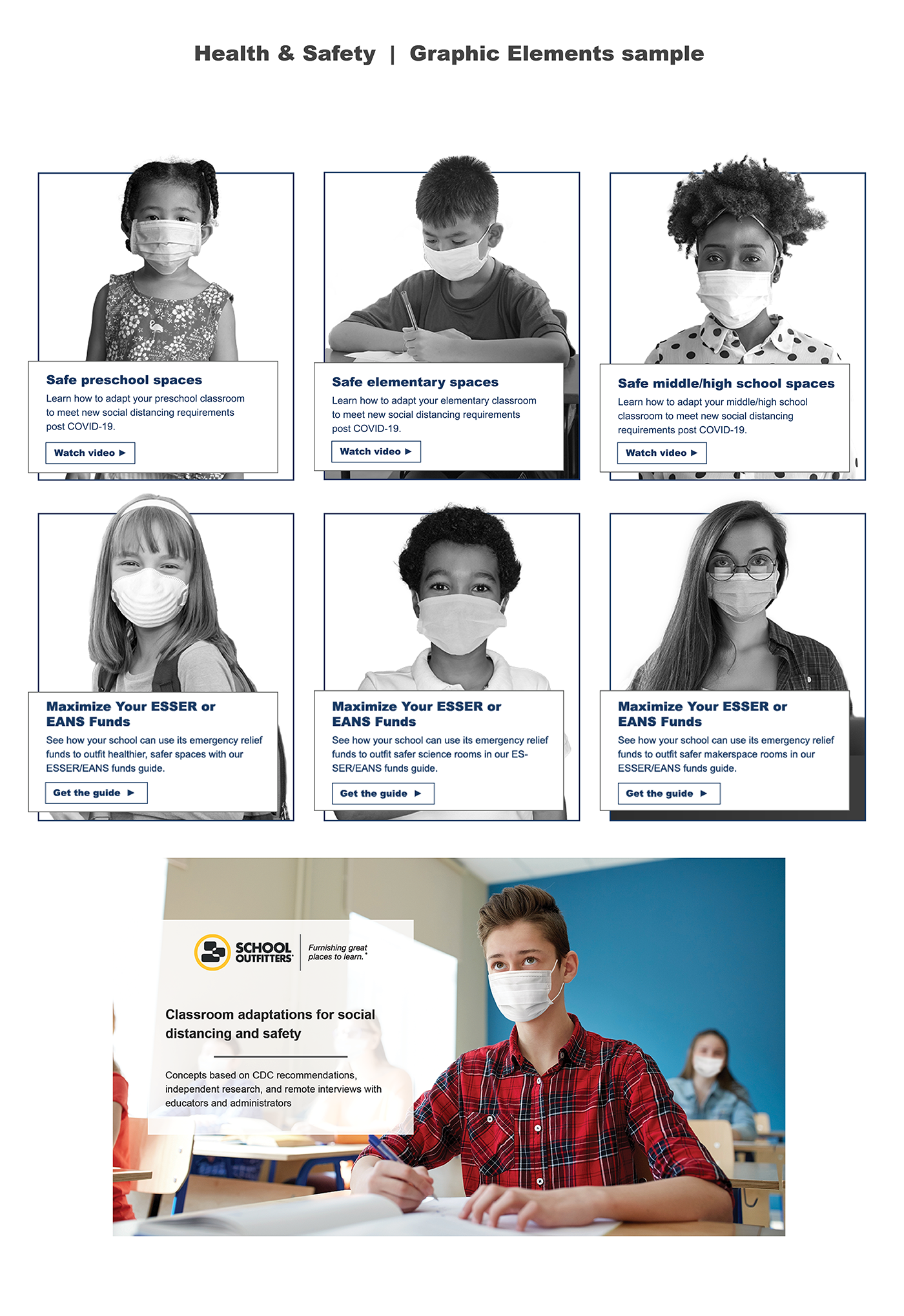 HealthSafety_Elements A compilation of new graphic elements created for the Health & Safety category. They feature masked students smiling and learning.