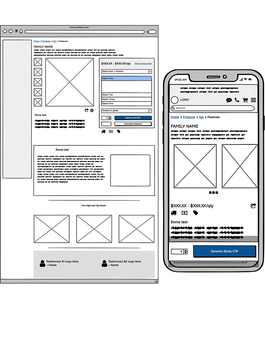 PDP-wireframes An image showing low-fidelity wireframe mockups on desktop and mobile for the new family and product detail pages.