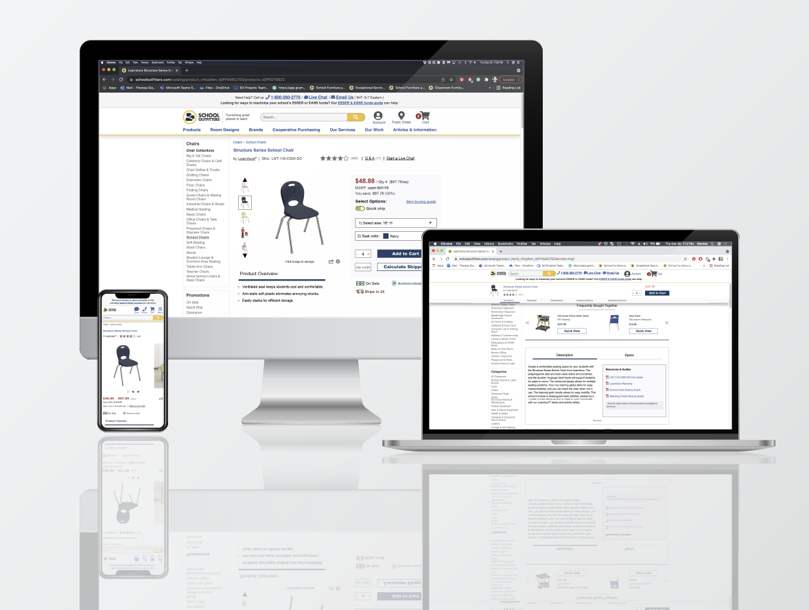 PDP_fampic An image of the Product Detail page and Family pages and their responsive layout shown on desktop, laptop, and mobile device.