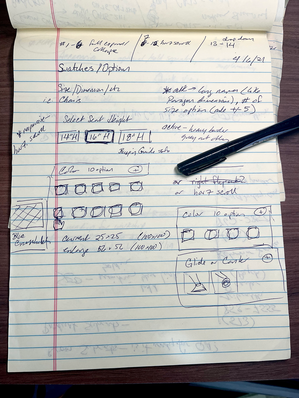 Product_Options_notebook An image of a yellow legal pad with notes and rough sketches of the layout