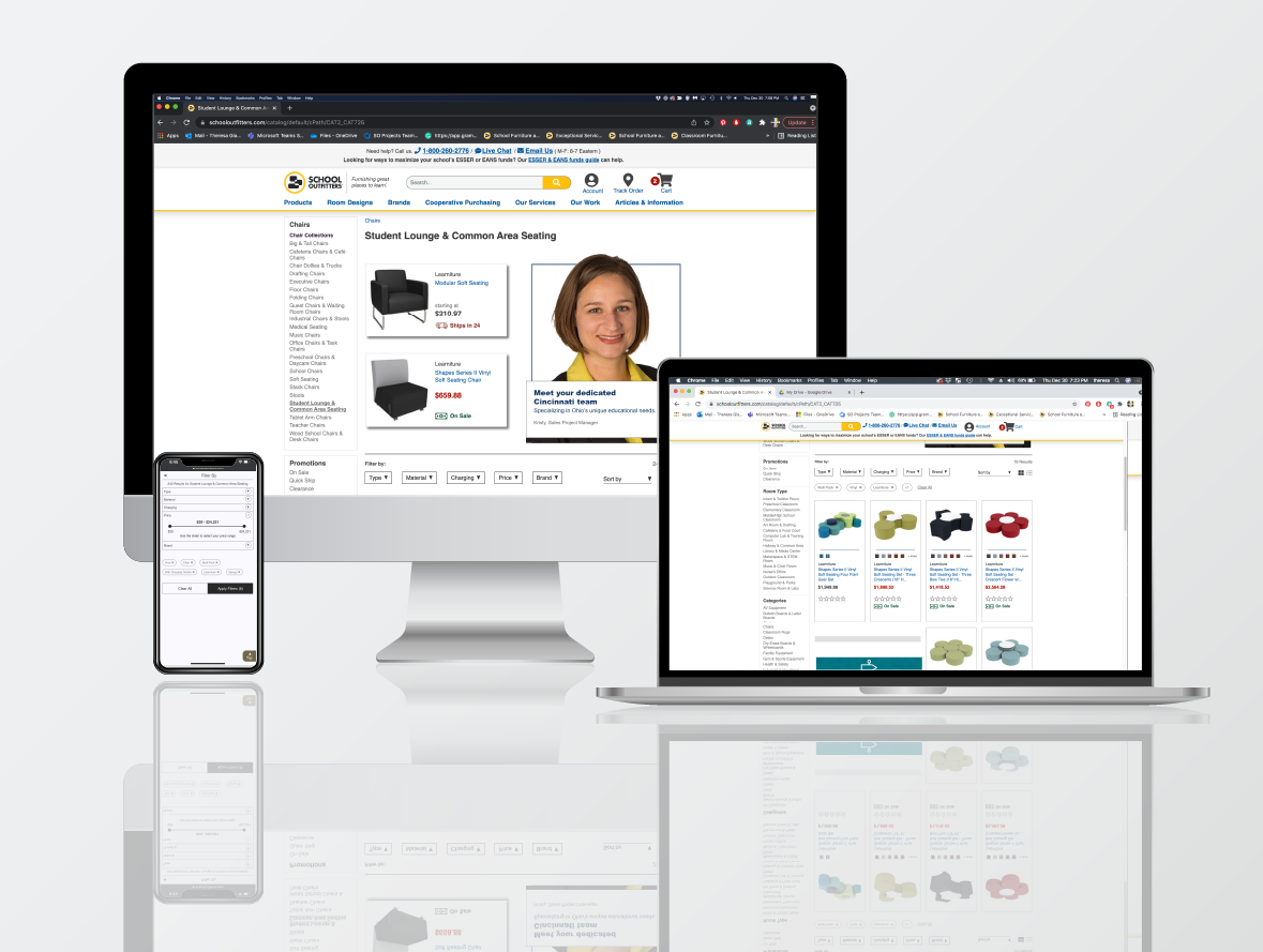 An image of the subcategory pages and their responsive layout shown on desktop, laptop, and mobile device.
