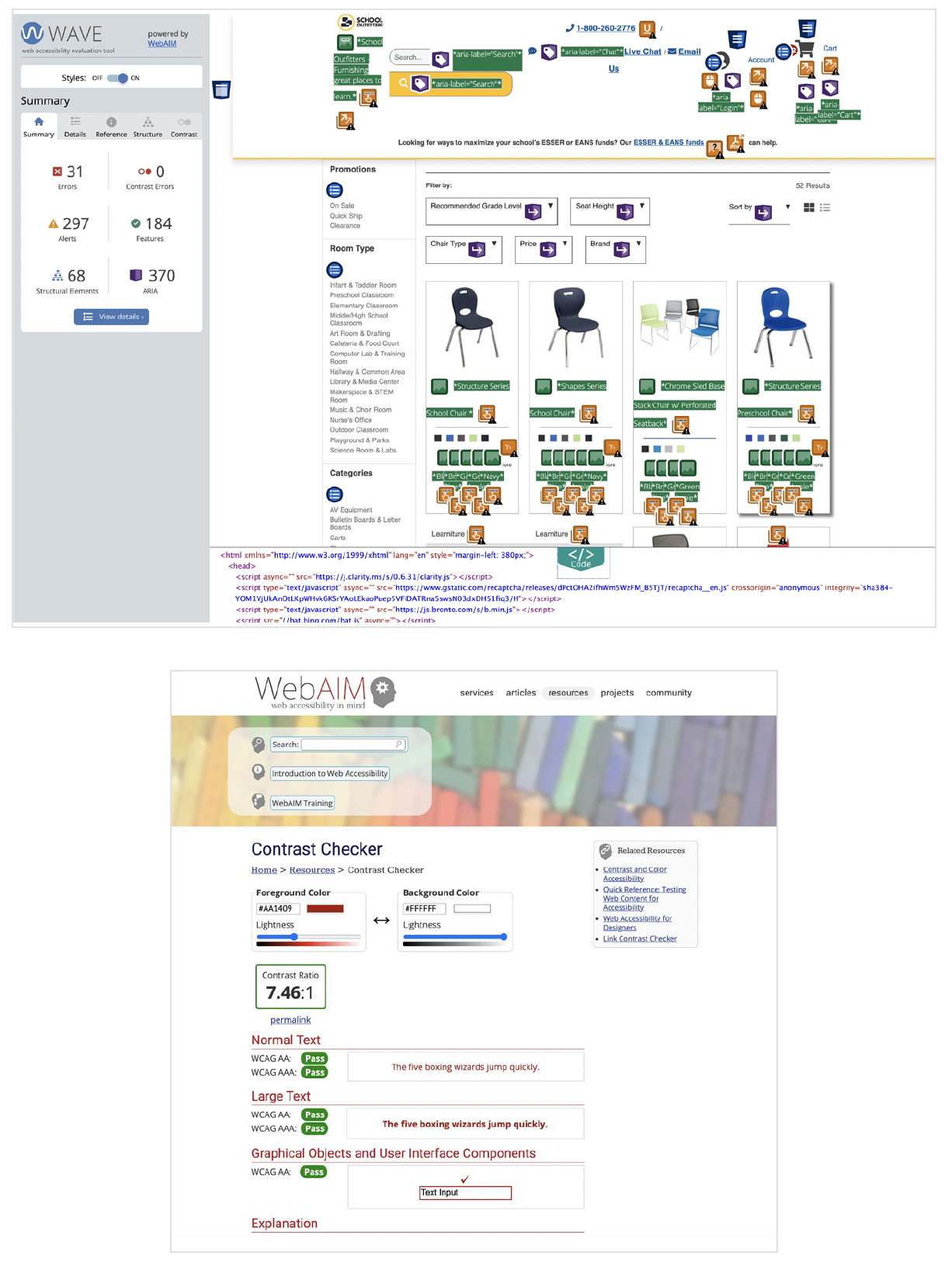 An image showing a sample of the WCAG compliance testing with WAVE and WebAIM