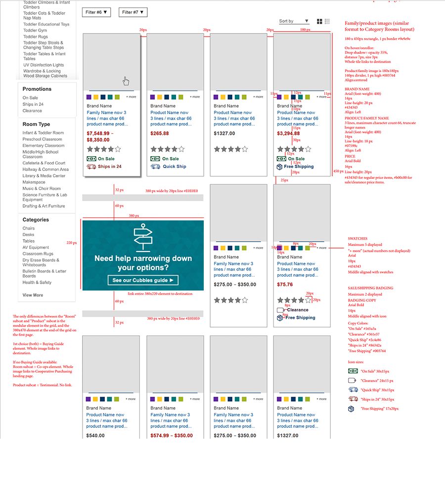 A screenshot of the desktop site's redlines--a visual annotation guide created by designers and used by web developers