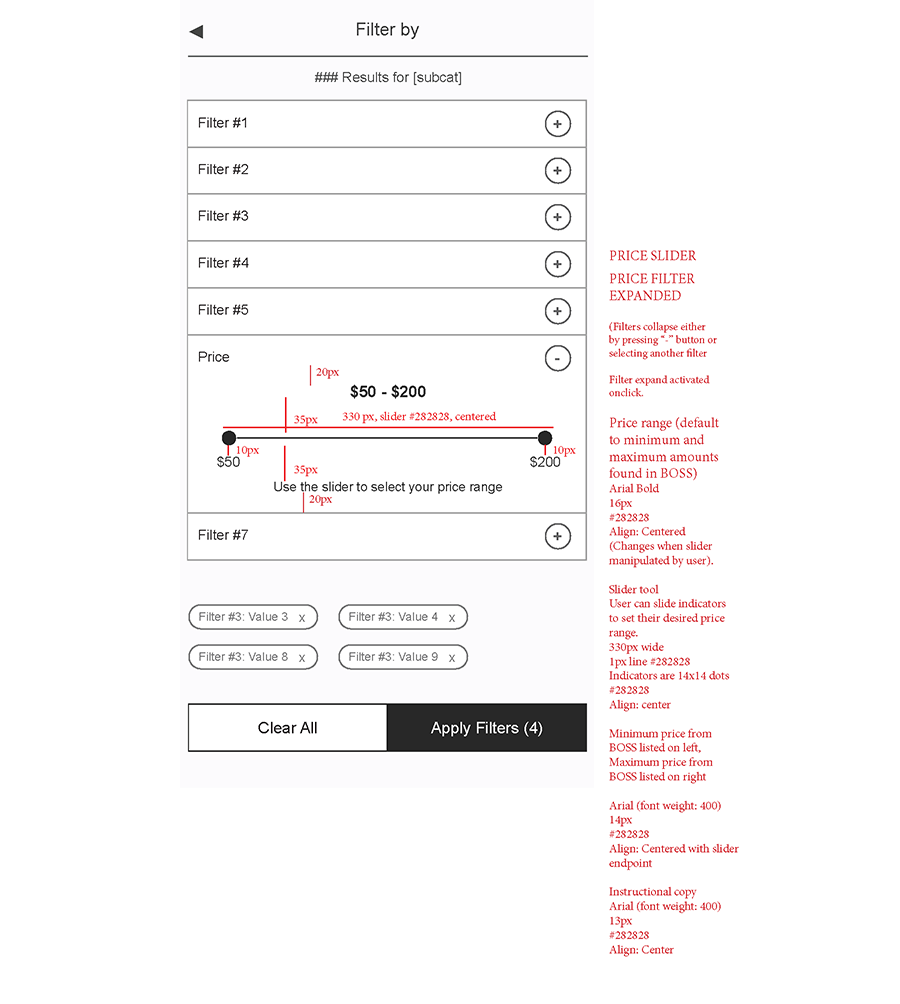A screenshot of the mobile site's redlines--a visual annotation guide created by designers and used by web developers