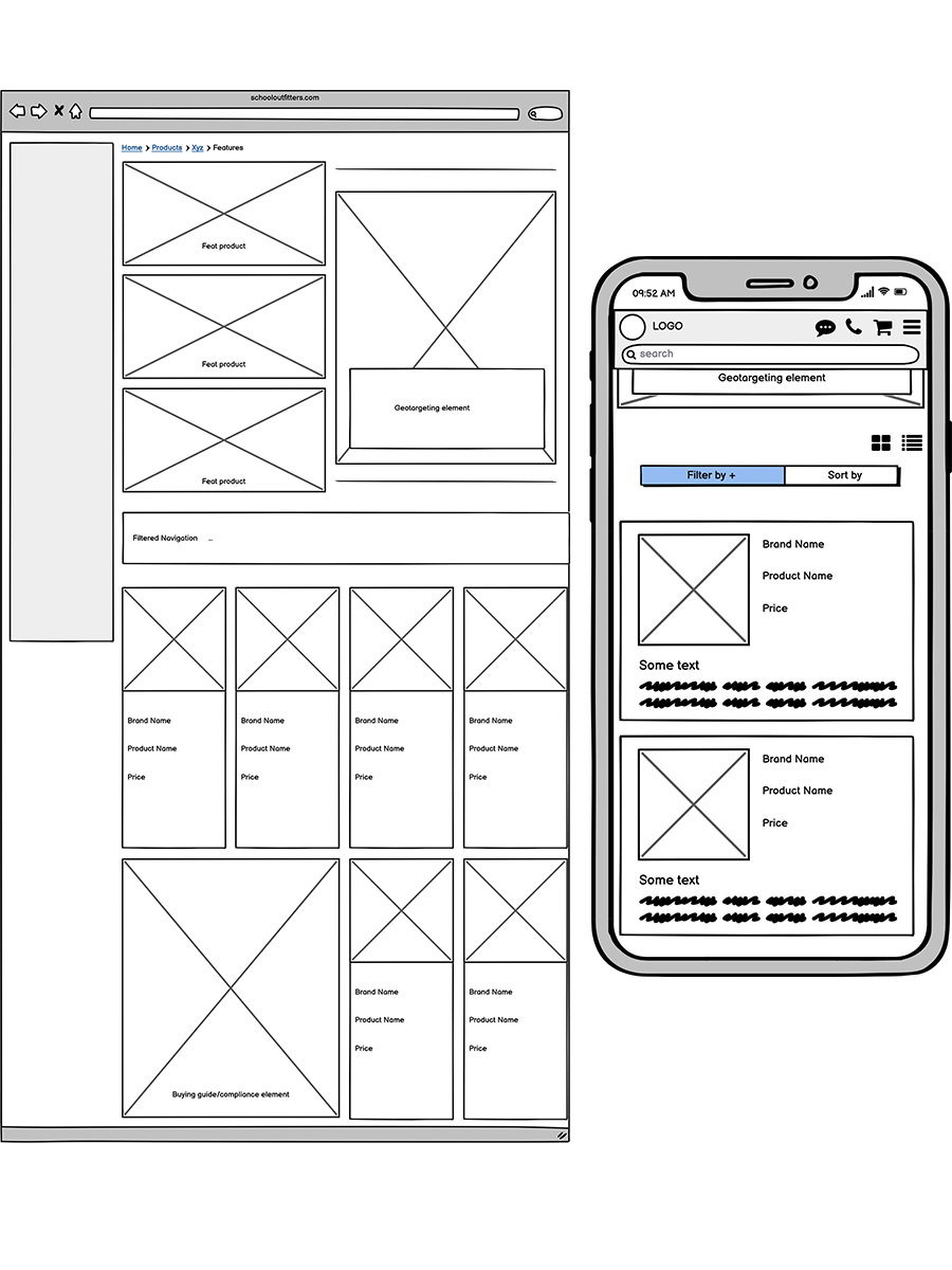 An image showing low-fidelity wireframe mockups on desktop and mobile for the new Subcategory pages with updated filtered navigation.